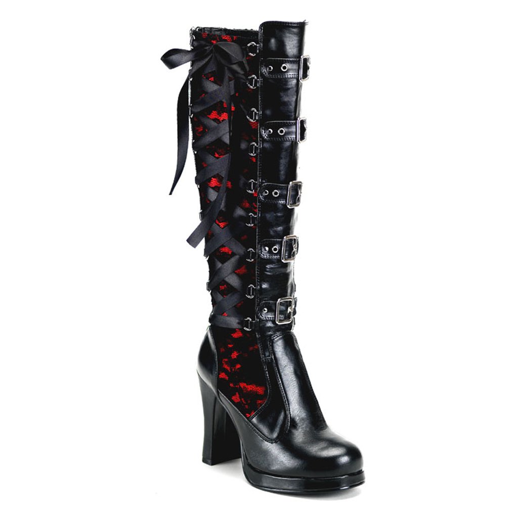 Bottes Hauteur Genoux Demonia Crypto 106 Vegan Cuir Femme - Noir/Rouge 32716-GVXB